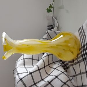 Hand Blown Studio Art Glass Lemon Yellow White Spatter Bud Vase 7.5"